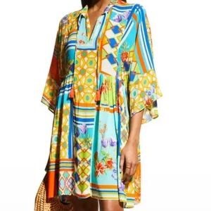 Johnny Was Mixi Short Kaftan Dress Multi Colored Boho Chic Colorblock Floral NWT